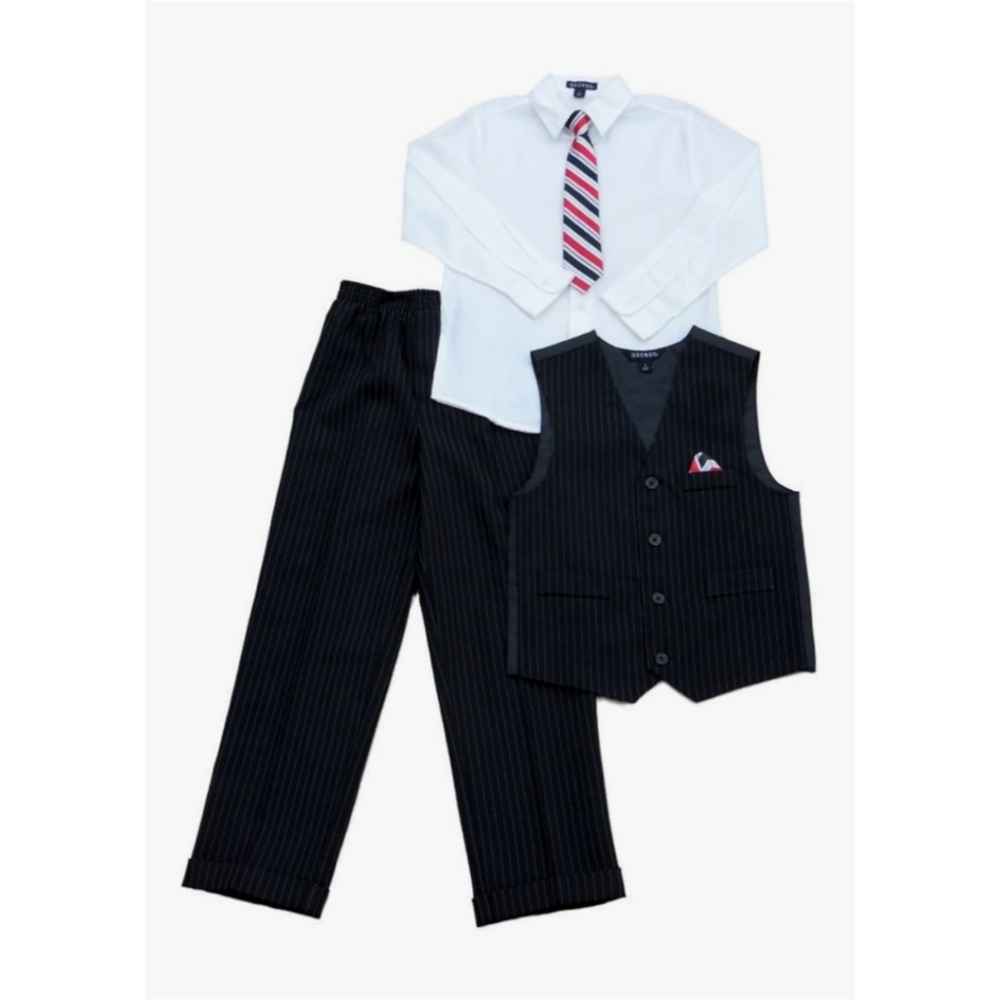George | Boys Dress Up Outfit Dress Shirt Pinstripe Vest & Slacks Black